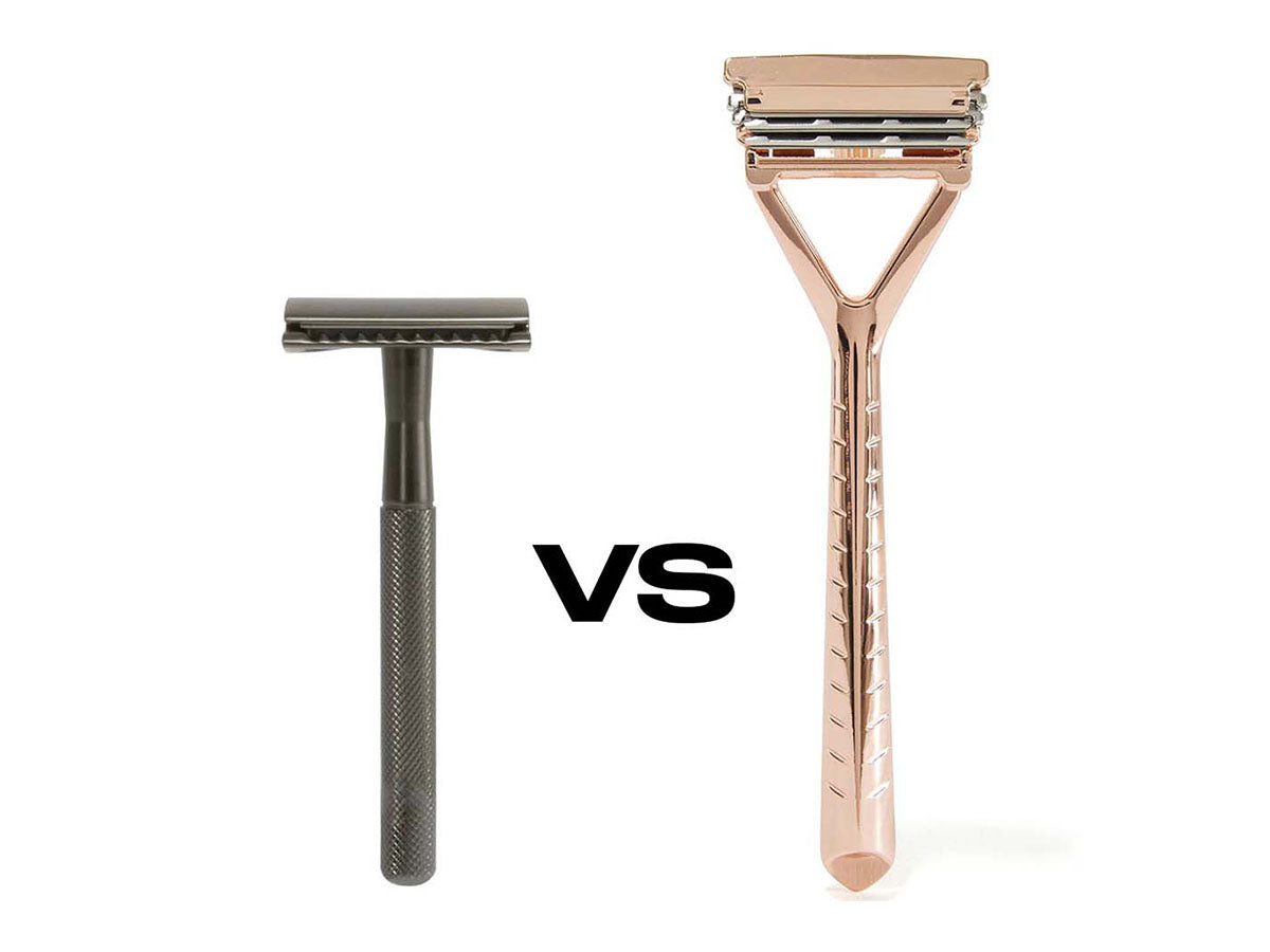 Safety Razor next to a triple-blade Leaf Razor