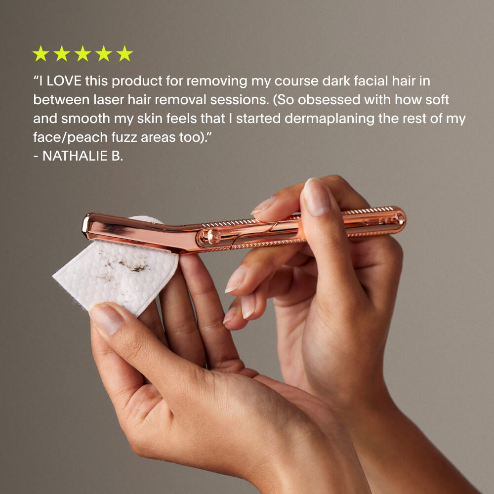 A 5 star review of the dermaplaner over the dermaplaner blade being ran over cotton