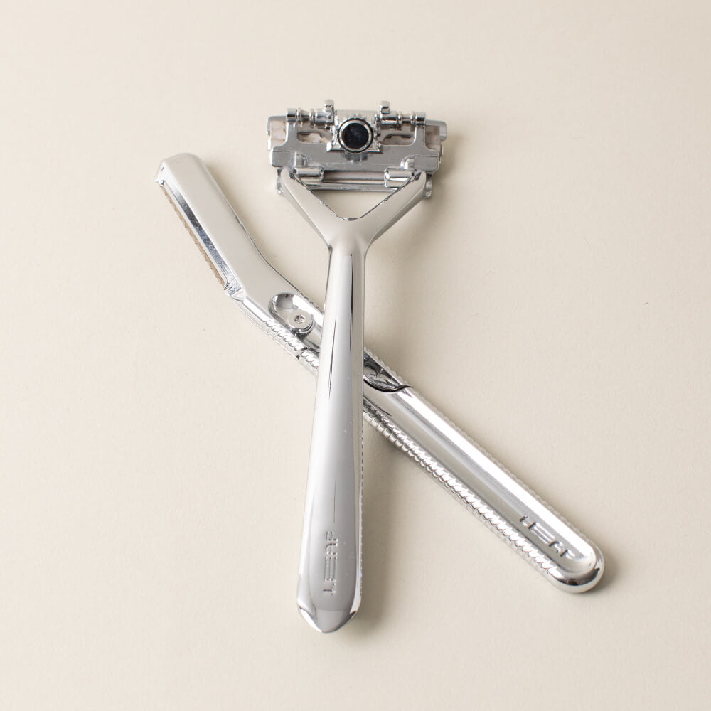 The chrome face and body set with the Leaf razor and dermaplaner