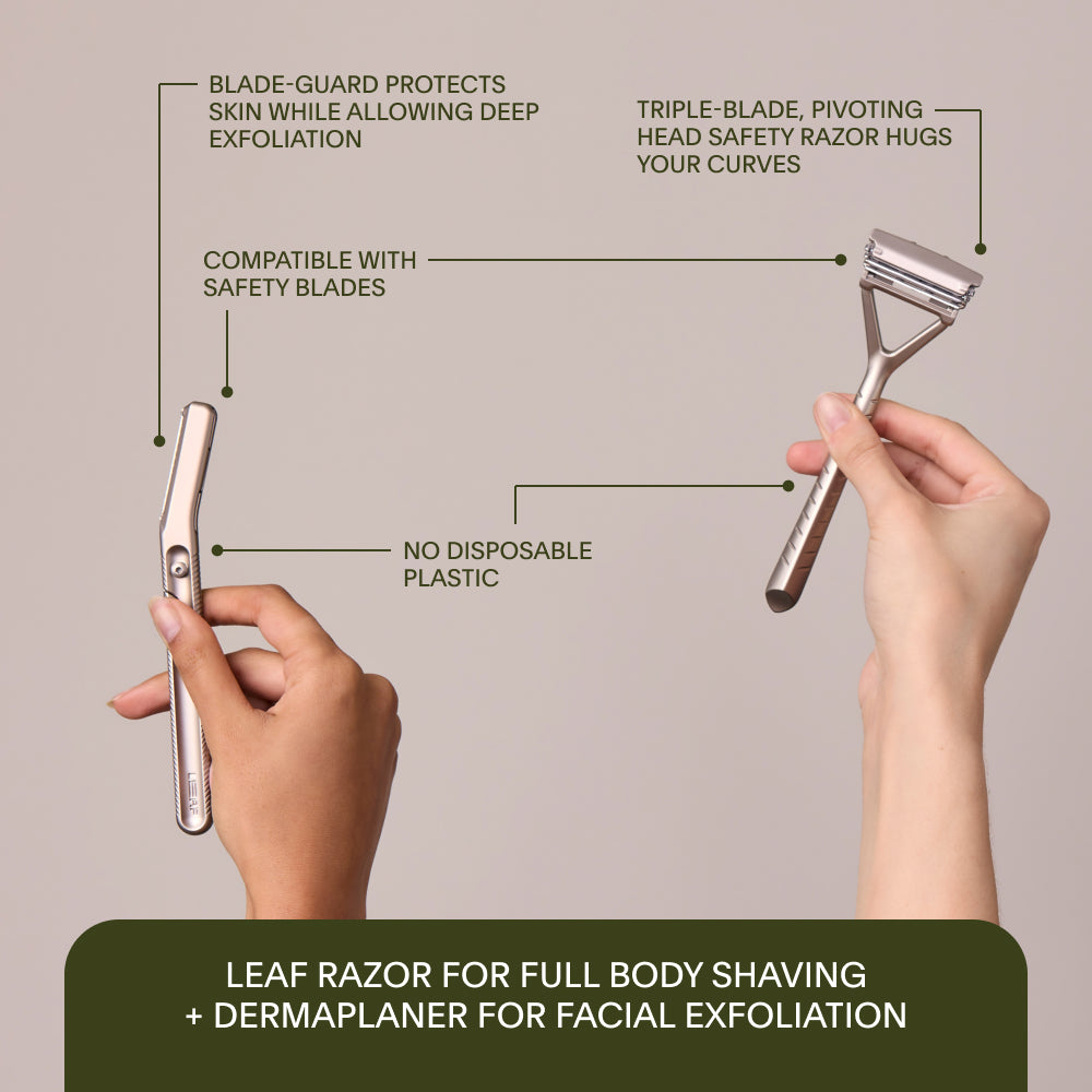 The Leaf razor and dermaplaner being held with each of their features