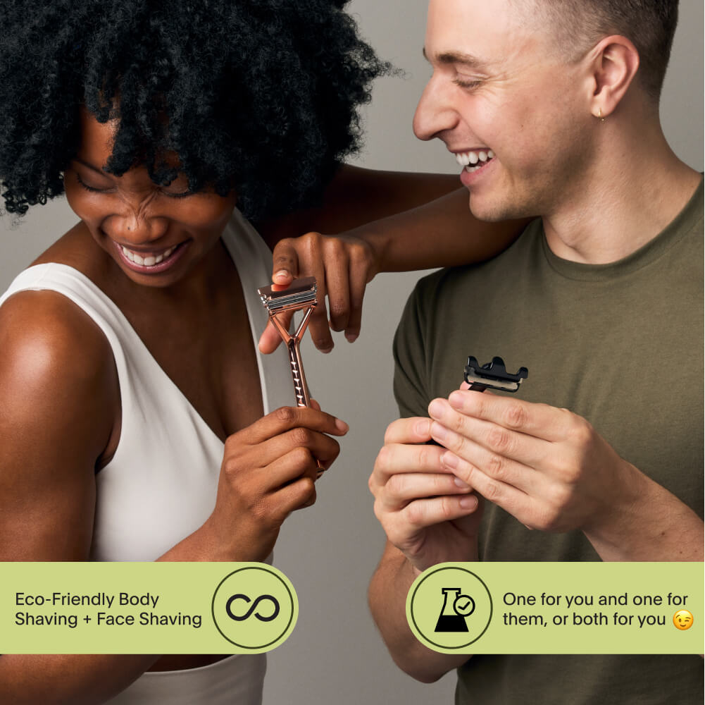 Couple laugh together with single edge and Leaf razors and their environmental benefits