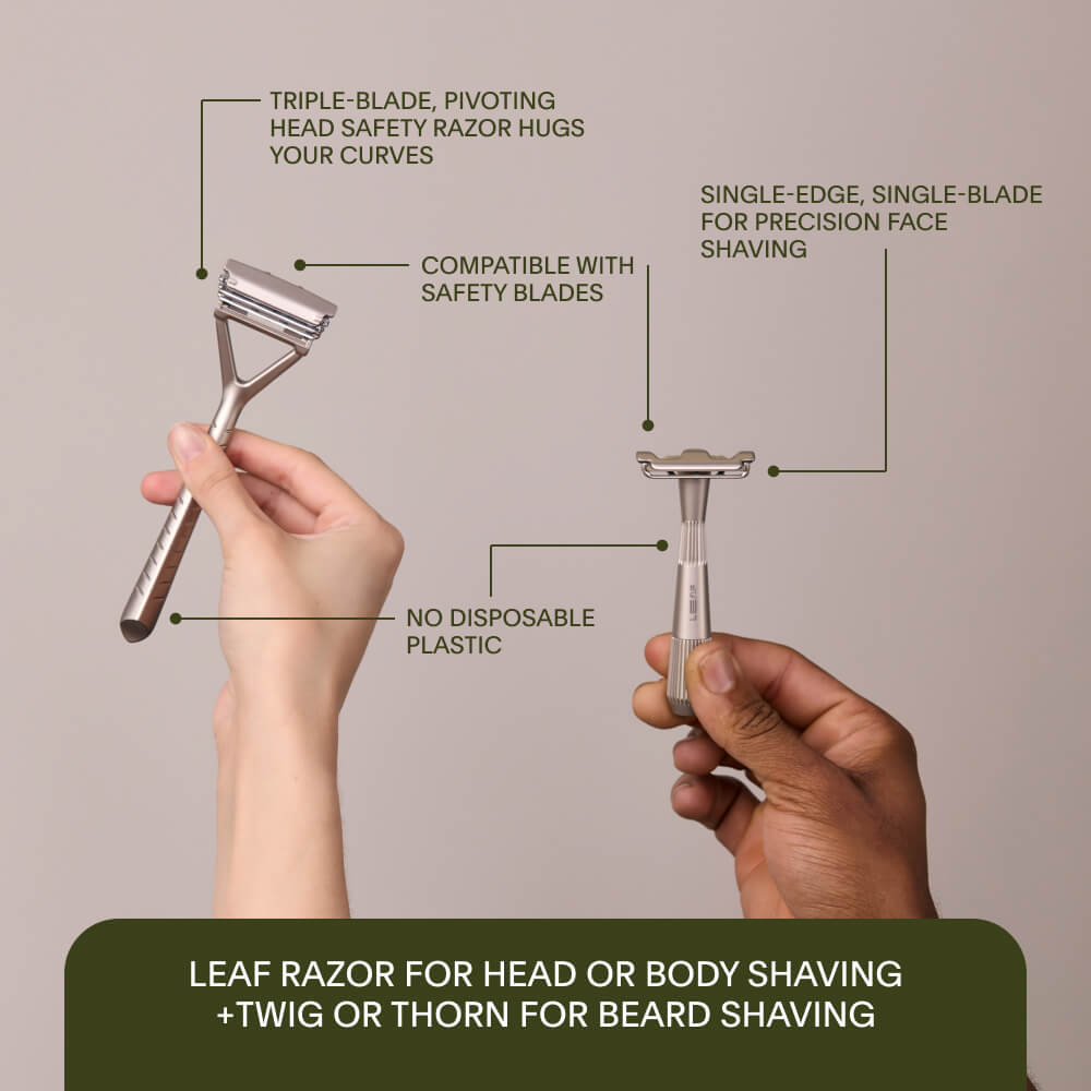 Leaf and single edge razor next to each other showing features of each 