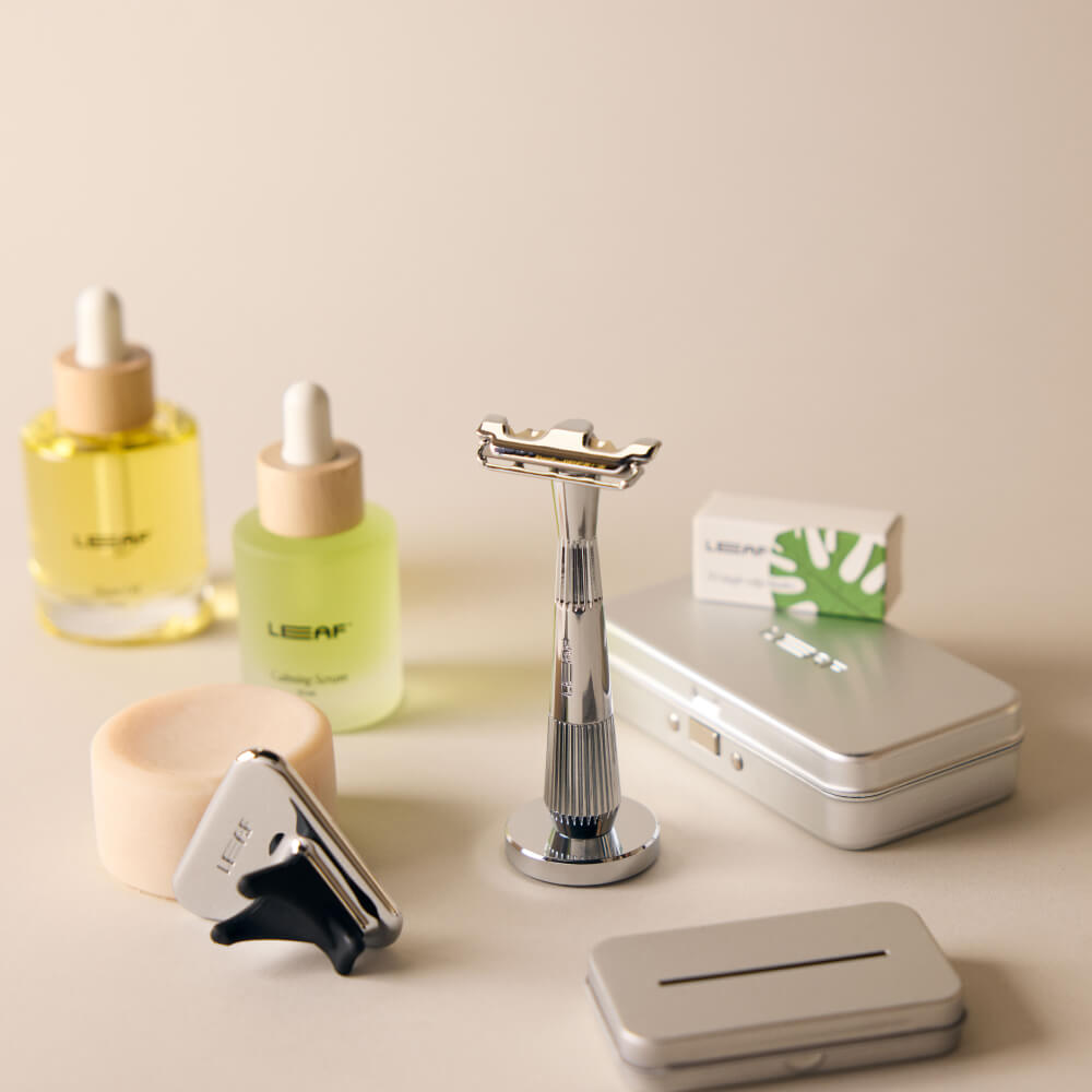 The chrome single edge everything bundle with the single edge razor, stand, case, recycling tin, shave oil, calming serum, soap bar, and shower holder 