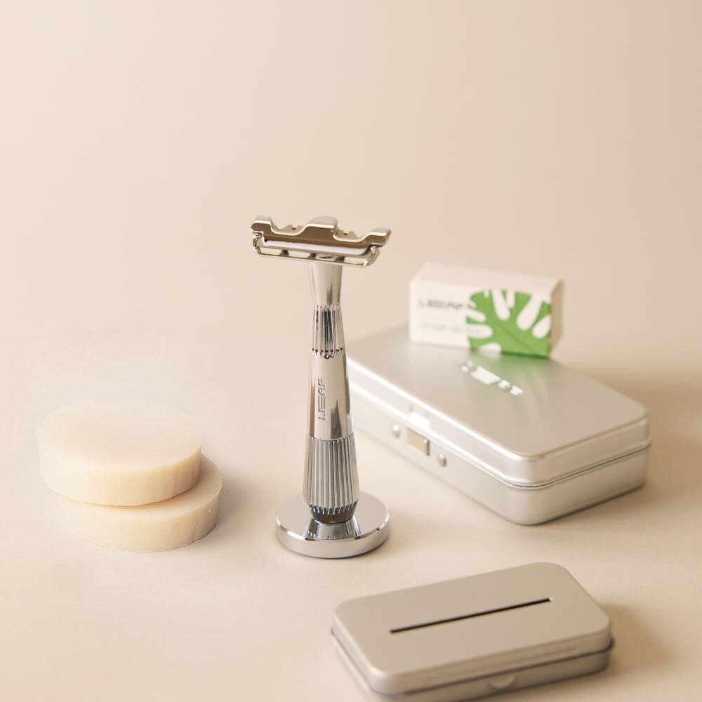 The chrome single edge super bundle with the single edge razor, stand, blades case, recycling tin, and shave soap bar