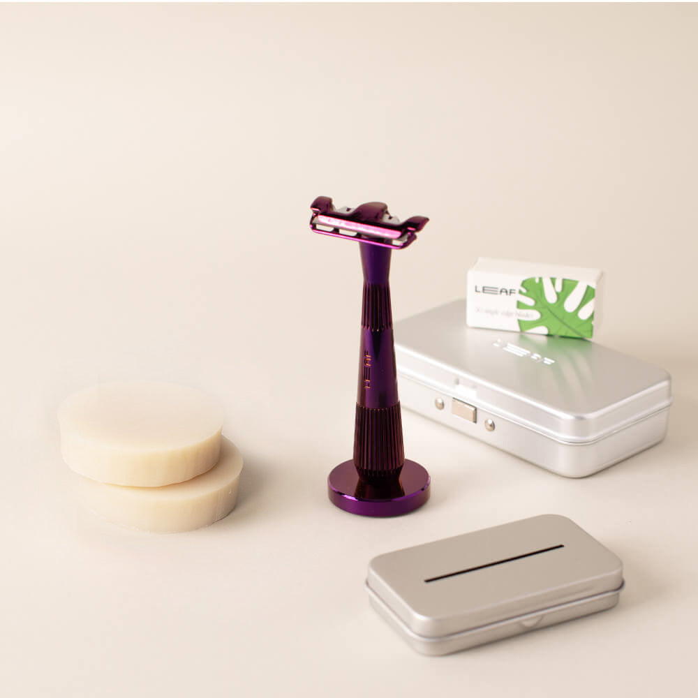 The fig single edge super bundle with the single edge razor, stand, blades case, recycling tin, and shave soap bar