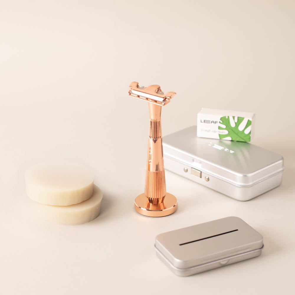 The rose gold single edge super bundle with the single edge razor, stand, blades, case, recycling tin, and shave soap bar