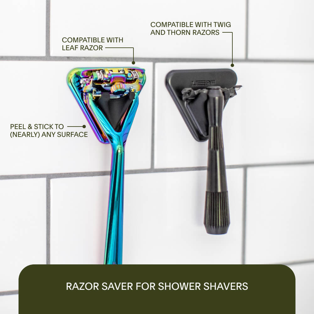 A display of how the shower holders work with each razor and its features